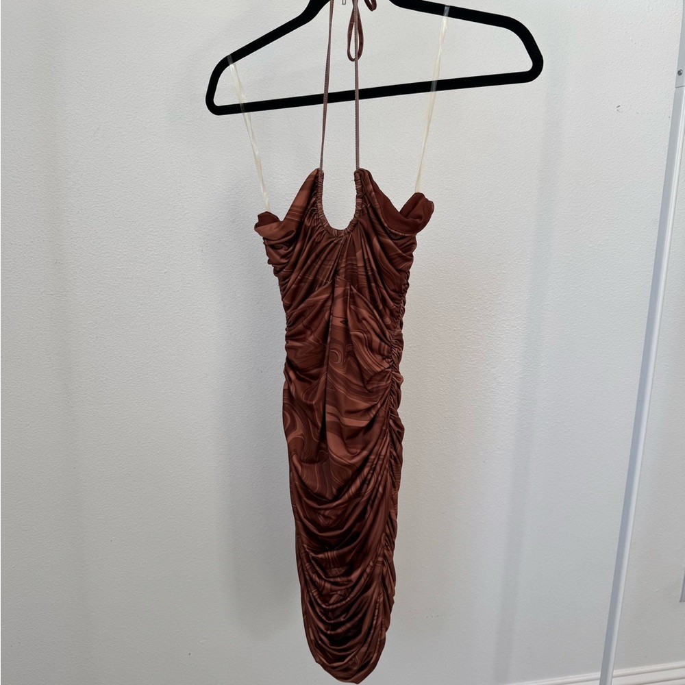 House of CB Brown Ruched Halter Midi Dress